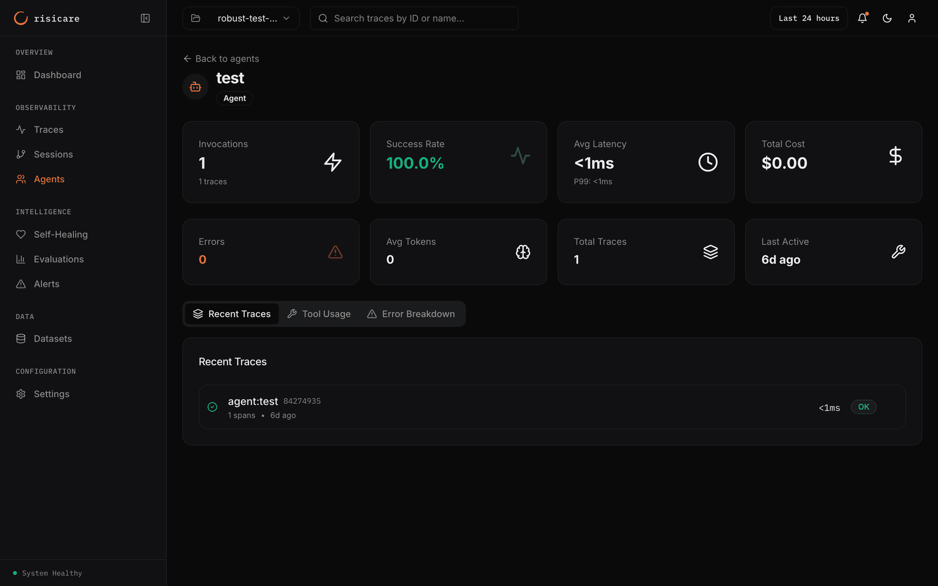 Agent detail view showing 8 KPI cards (Invocations, Success Rate, Avg Latency, Total Cost, Errors, Avg Tokens, Total Traces, Last Active) with Recent Traces, Tool Usage, and Error Breakdown tabs