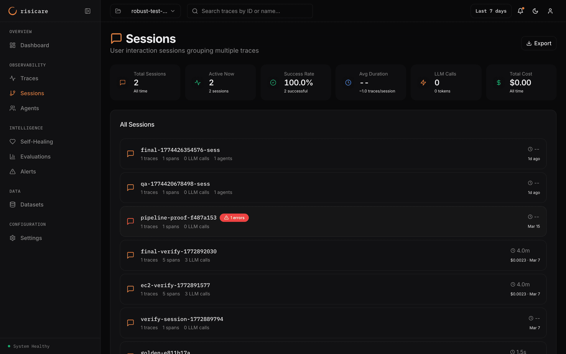 Risicare Sessions view showing multi-turn conversation tracking with session IDs, trace counts, and timestamps