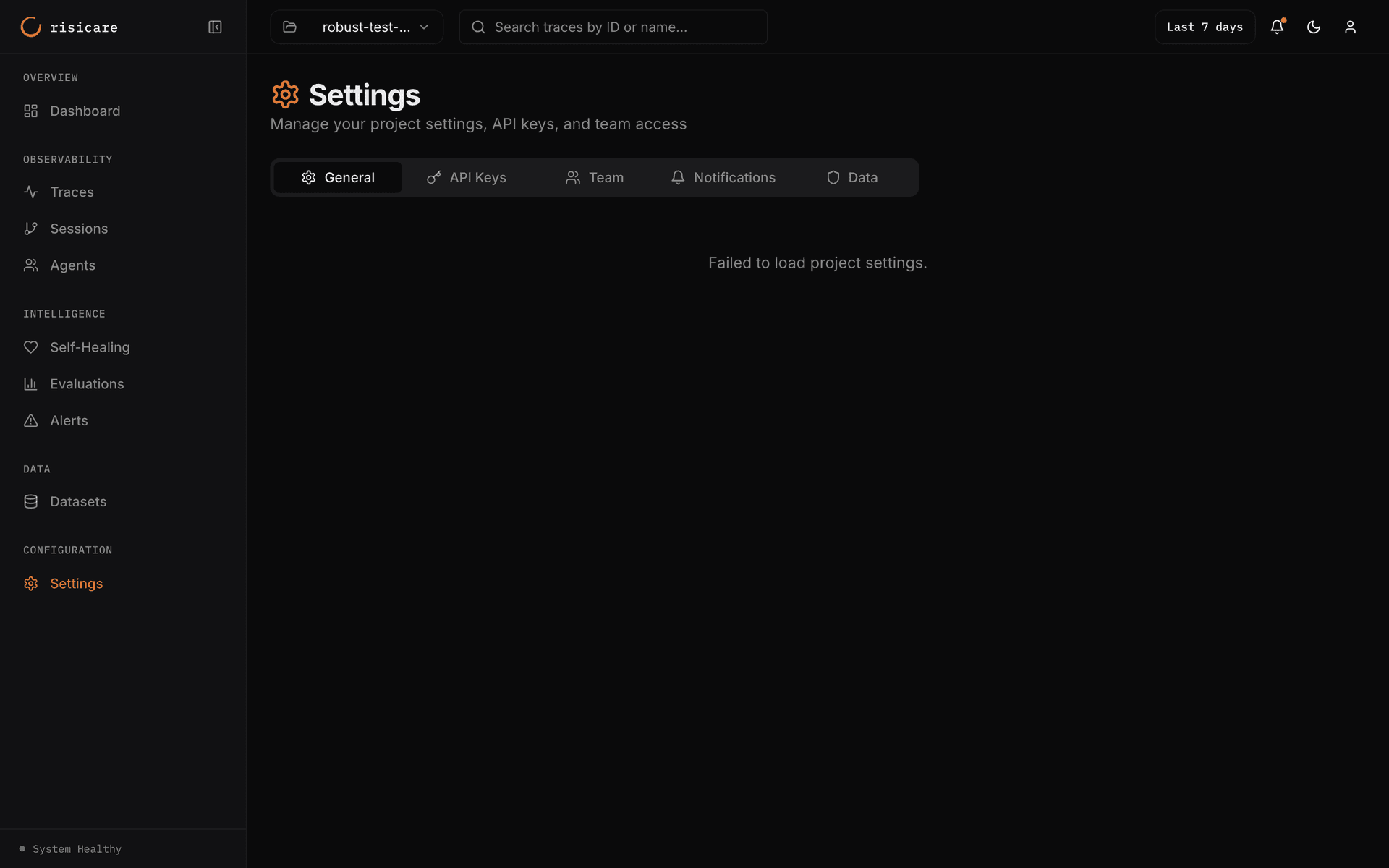 Risicare Settings page showing API keys, project configuration, and data management options